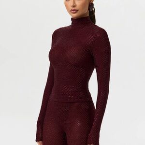 Naked Wardrobe Burgundy/Plum Long Sleeve Rhinestone Top
